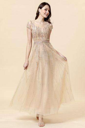 Sparkly Golden Beaded Long Evening Dress
