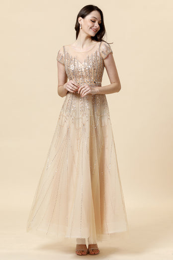Sparkly Golden Beaded Long Evening Dress