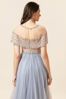 Load image into Gallery viewer, Sparkly Grey Beaded Long Tulle Prom Dress