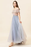 Load image into Gallery viewer, Sparkly Grey Beaded Long Tulle Prom Dress