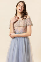 Load image into Gallery viewer, Sparkly Grey Beaded Long Tulle Prom Dress