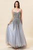 Load image into Gallery viewer, Sparkly Grey Beaded Long Tulle Prom Dress