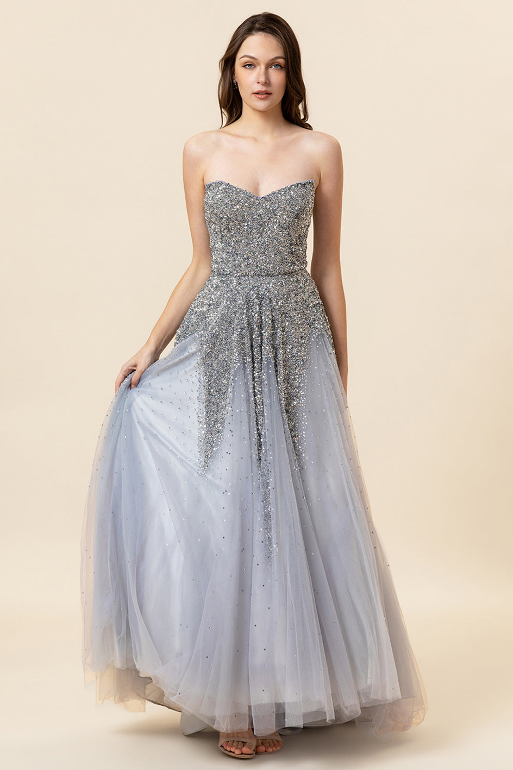 Sparkly Grey Beaded Long Tulle Prom Dress