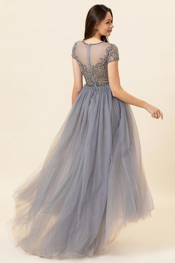 Sparkly Dark Grey Beaded Long Formal Dress