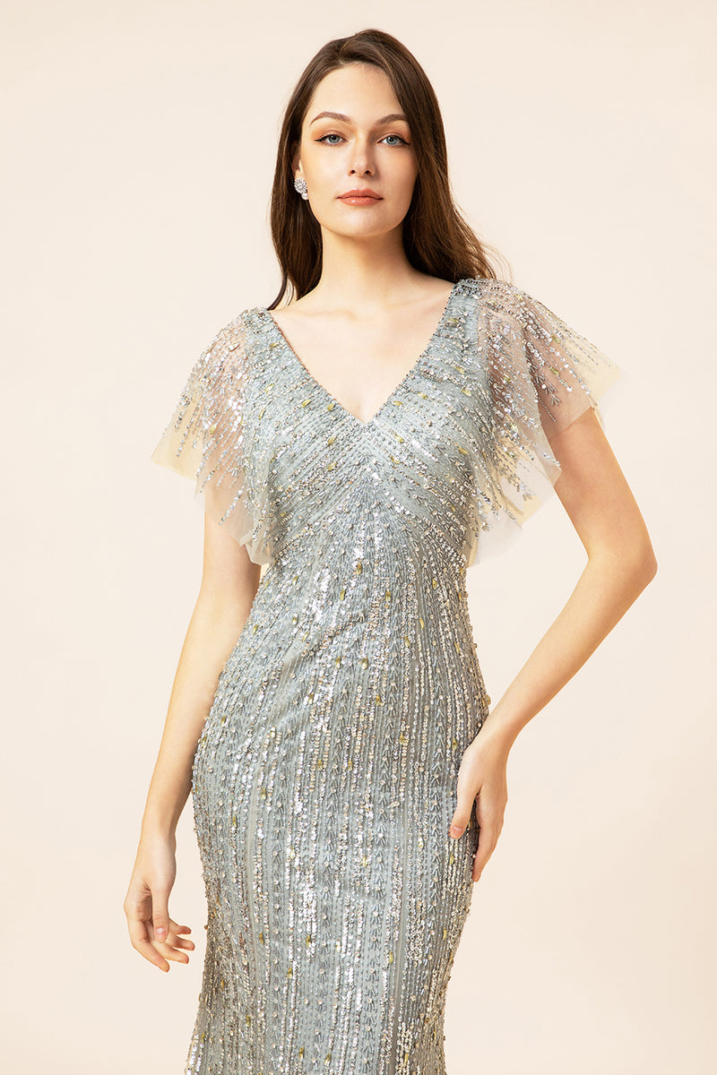Load image into Gallery viewer, Sparkly Grey Beaded Mermaid Long Evening Dress