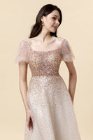 Load image into Gallery viewer, Square Neck A-Line Blush Beading Prom Dress