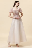 Load image into Gallery viewer, Square Neck A-Line Blush Beading Prom Dress