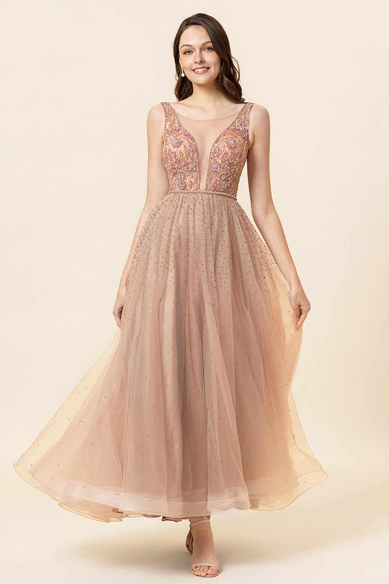 Load image into Gallery viewer, Sparkly Blush Beaded Long Tulle Prom Dress