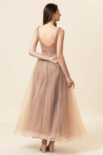 Sparkly Blush Beaded Long Tulle Prom Dress