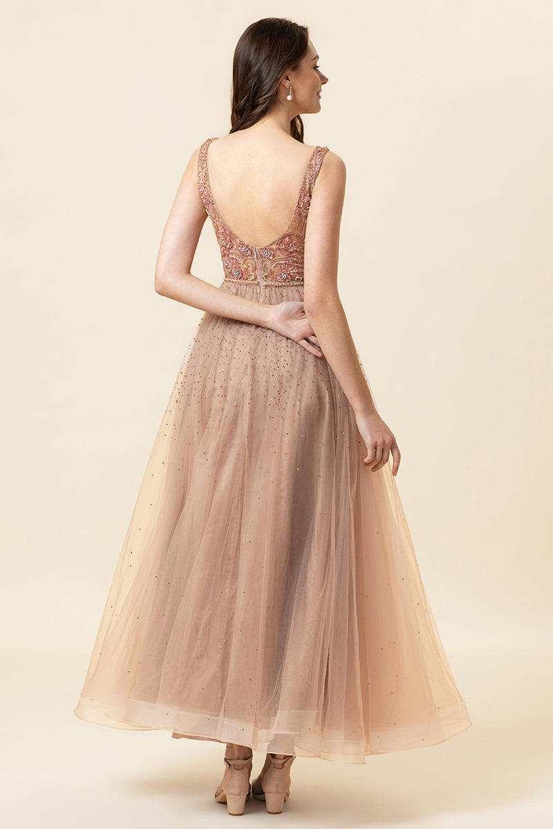 Load image into Gallery viewer, Sparkly Blush Beaded Long Tulle Prom Dress