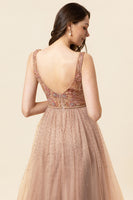 Load image into Gallery viewer, Sparkly Blush Beaded Long Tulle Prom Dress