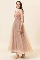 Load image into Gallery viewer, Sparkly Blush Beaded Long Tulle Prom Dress