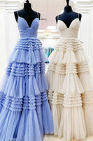 Load image into Gallery viewer, Fuchsia Tulle Spaghetti Straps Long Prom Dress