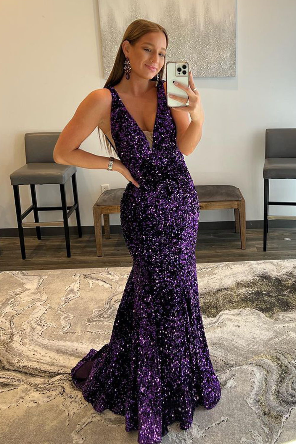 Mermaid Deep V Neck Purple Sequins Prom Dress with Open Back