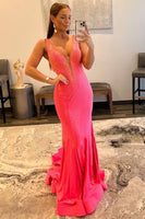 Load image into Gallery viewer, Mermaid Deep V Neck Orange Long Prom Dress with Beading