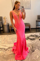 Load image into Gallery viewer, Mermaid Deep V Neck Orange Long Prom Dress with Beading