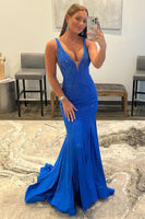 Load image into Gallery viewer, Mermaid Deep V Neck Orange Long Prom Dress with Beading