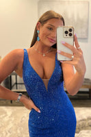 Load image into Gallery viewer, Mermaid Deep V Neck Orange Long Prom Dress with Beading