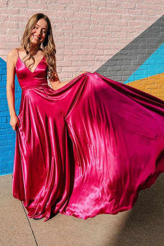 Simple A Line Spaghetti Straps Hot Pink Long Prom Dress with Slit