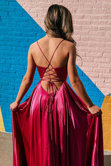 Simple A Line Spaghetti Straps Hot Pink Long Prom Dress with Slit