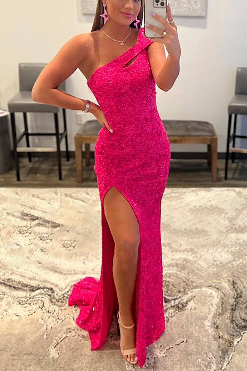 Load image into Gallery viewer, Fuchsia One Shoulder Sequins Prom Dress
