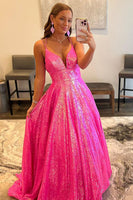 Load image into Gallery viewer, Glitter Fuchsia Sequins Long Prom Dress