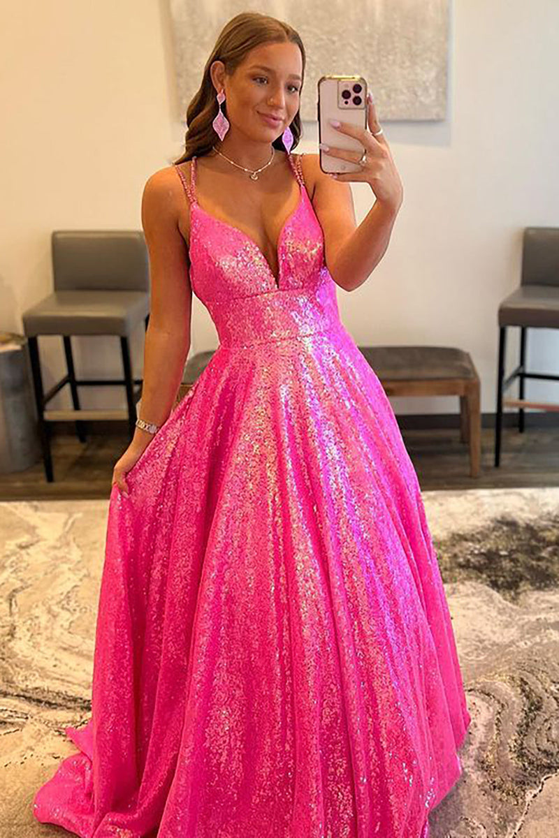 Load image into Gallery viewer, Glitter Fuchsia Sequins Long Prom Dress