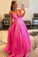 Load image into Gallery viewer, Glitter Fuchsia Sequins Long Prom Dress