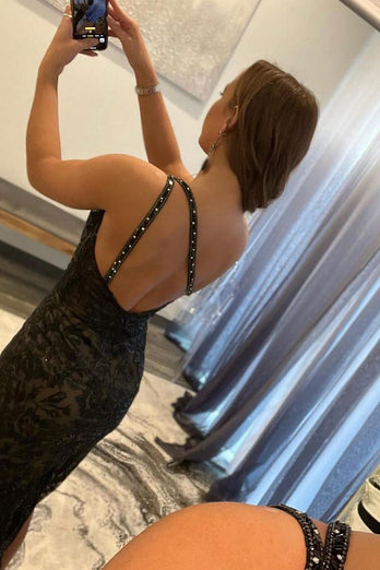 Sheath One Shoulder Red Sequins Long Prom Dress with Split Front
