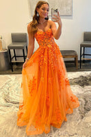 Load image into Gallery viewer, Orange Sweetheart Long Prom Dress with Appliques