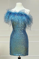 Load image into Gallery viewer, Sheath One Shoulder Light Blue Sequins Homecoming Dress with Feather