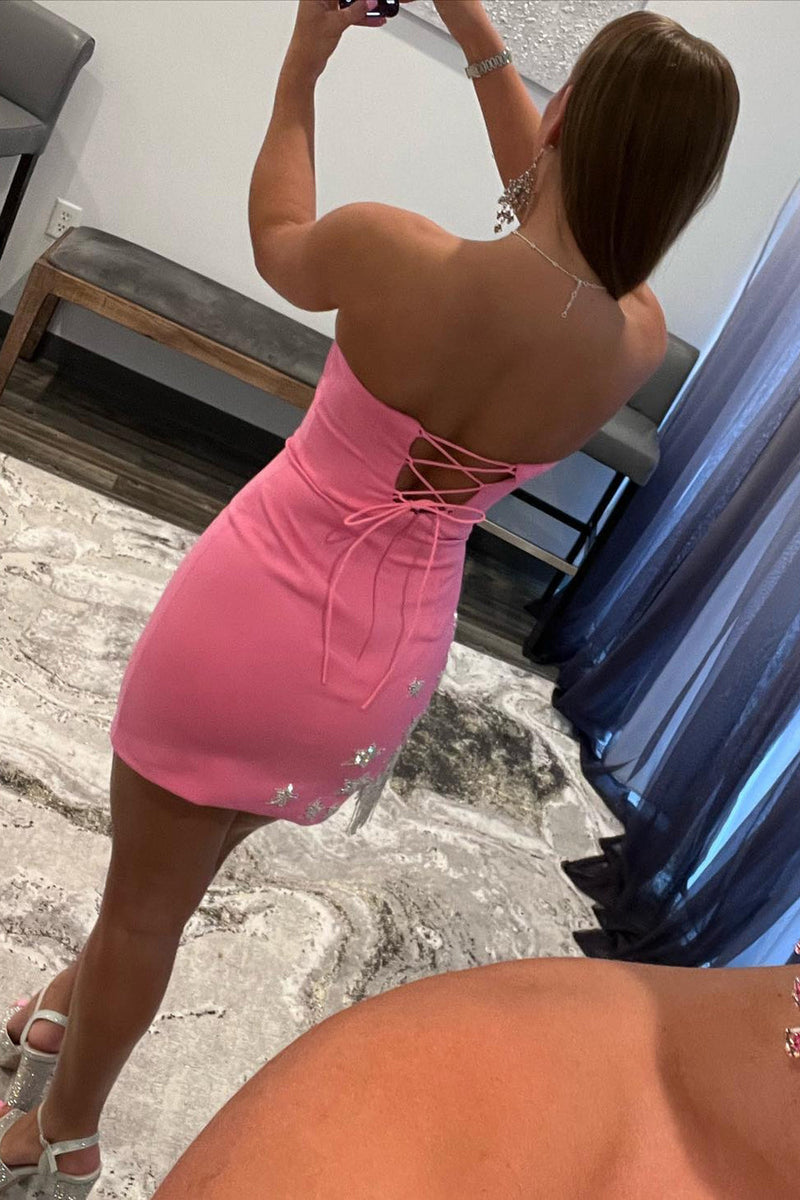Load image into Gallery viewer, Pink Tight Homecoming Dress with Star and Fringes