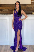 Load image into Gallery viewer, Mermaid One Shoulder Dark Purple Sequins Long Prom Dress