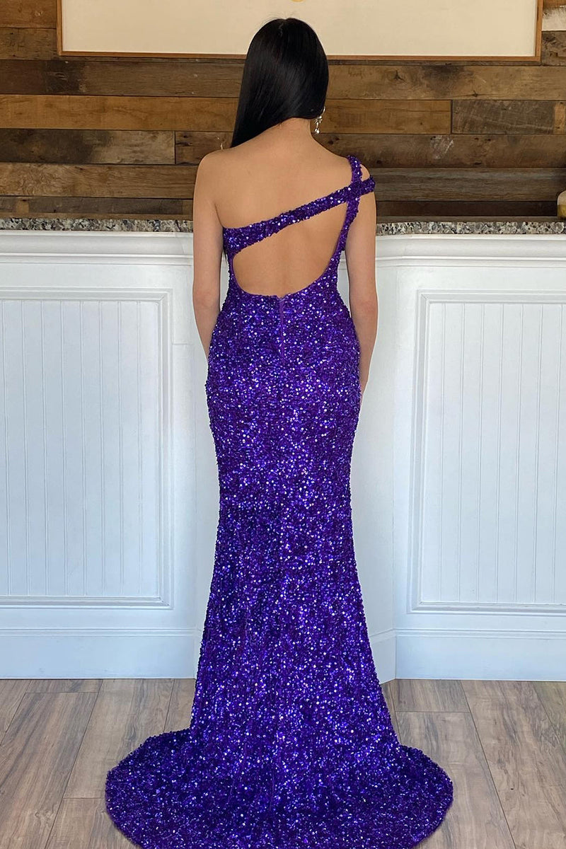 Load image into Gallery viewer, Mermaid One Shoulder Dark Purple Sequins Long Prom Dress