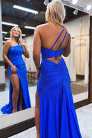 Load image into Gallery viewer, Sheath One Shoulder Royal Blue Long Prom Dress with Beading