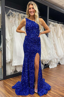 Load image into Gallery viewer, Sheath One Shoulder White Sequins Long Prom Dress with Split Front