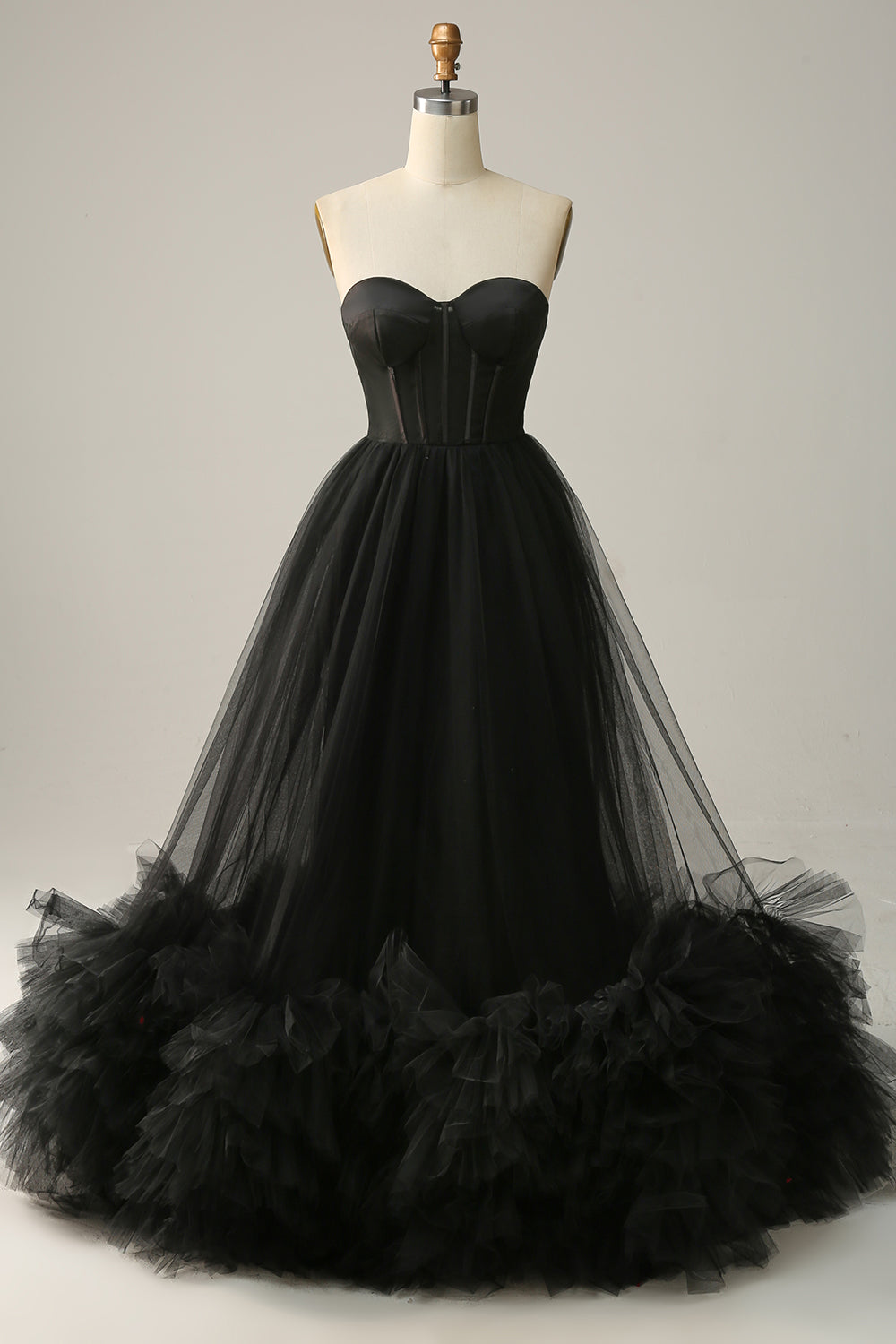 A Line Sweetheart Black Corset Prom Dress with Ruffled