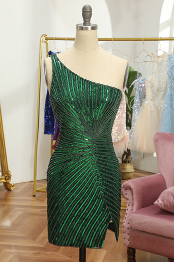 Glitter Fuchsia One Shoulder Beaded Tight Homecoming Dress