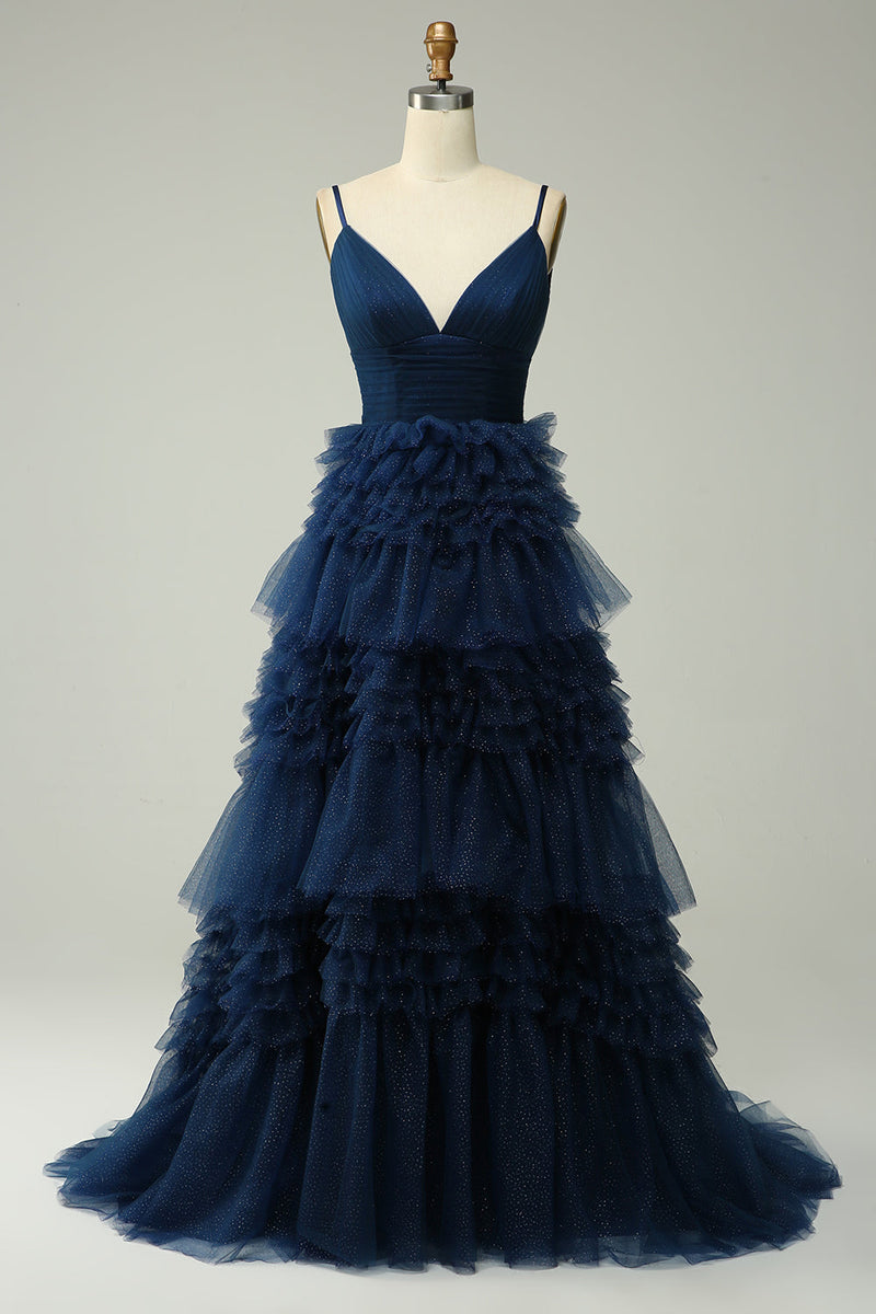 Load image into Gallery viewer, A Line Spaghetti Straps Navy Long Prom Dress with Ruffles