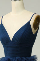 Load image into Gallery viewer, A Line Spaghetti Straps Navy Long Prom Dress with Ruffles