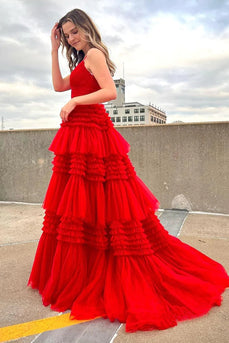 Red Tulle Spaghetti Straps Long Prom Dress