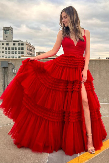 Red Tulle Spaghetti Straps Long Prom Dress