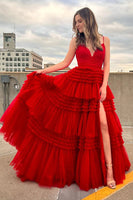 Load image into Gallery viewer, Fuchsia Tulle Spaghetti Straps Long Prom Dress