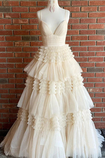 Beige Tulle Tiered Spaghetti Straps Long Prom Dress with Slit