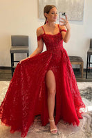Load image into Gallery viewer, Red Tulle Off The Shoulder Prom Dress with Beading