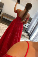 Load image into Gallery viewer, Red Tulle Off The Shoulder Prom Dress with Beading