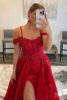 Load image into Gallery viewer, Red Tulle Off The Shoulder Prom Dress with Beading