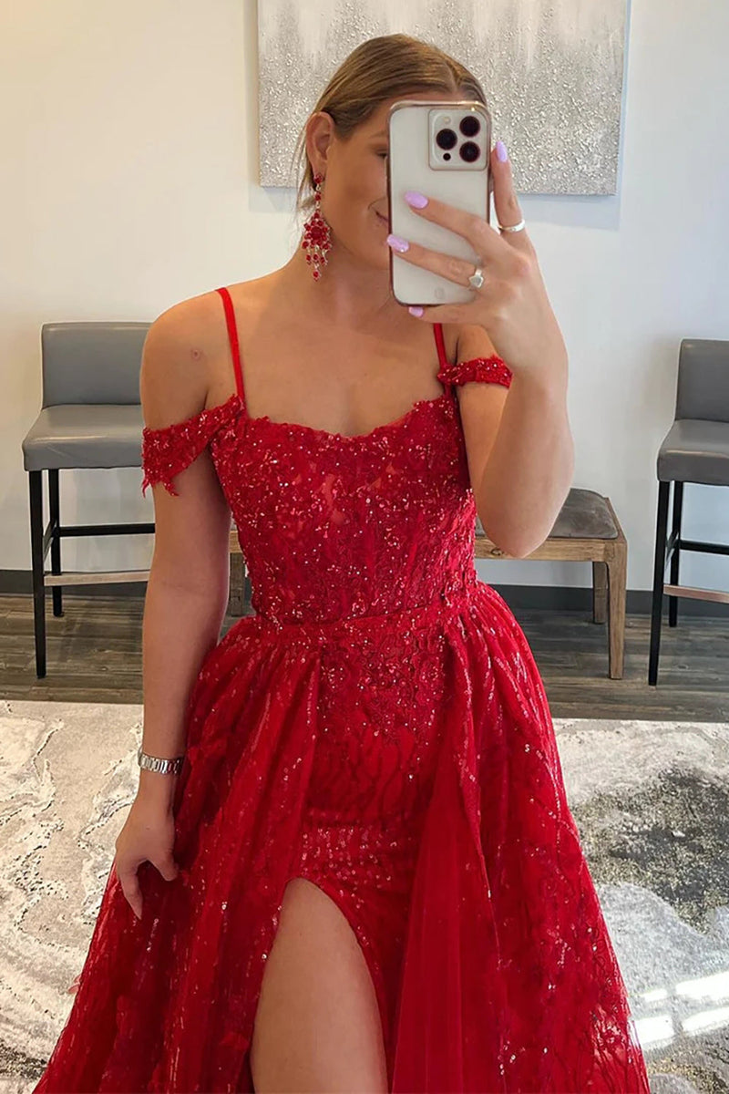 Load image into Gallery viewer, Red Tulle Off The Shoulder Prom Dress with Beading