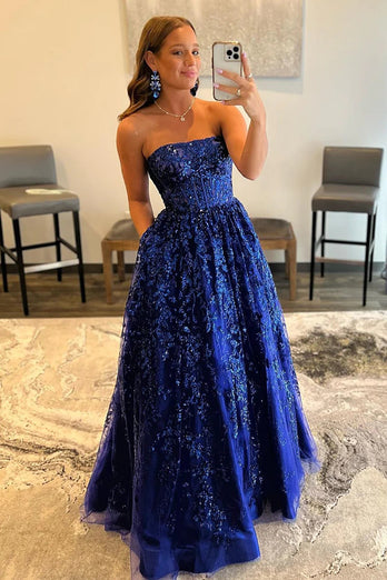 A Line Strapless Red Long Prom Dress