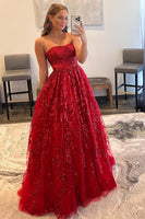 Load image into Gallery viewer, A Line Strapless Red Long Prom Dress